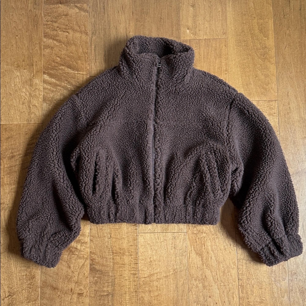 OAK + FORT Cropped Teddy Jacket in Dark Brown